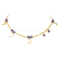 Collane da donna con ciondolo a luna in acciaio inossidabile 304 con catena a graffetta e perline di ametista naturale.&nbsp;NJEW-JN06251-01