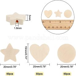 150 Stück 3 Stile Stern & Herz & flache runde unbehandelte Holzperlen&nbsp;WOOD-OC0002-16