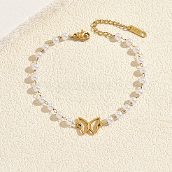 Pulseras de eslabones de mariposa de acero inoxidable 201 con perlas de imitación para mujer&nbsp;KC8382
