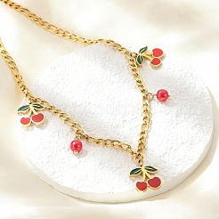 Halsketten mit Kirschanhänger aus 304 Edelstahl mit roter Emaille und rundem Kunststoff für Damen&nbsp;NJEW-M091-01G