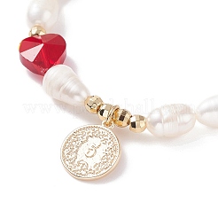 Stretch-Armband aus Naturperlen und Millefiori-Glasperlen mit Herz- und Münzanhänger für Damen&nbsp;BJEW-TA00060