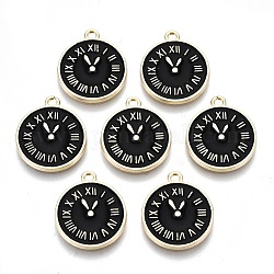 Alliage d'horloge pendentifs en émail, noir, or clair, 17x14.5x1.5mm, Trou: 1.5mm