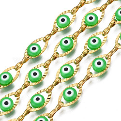 Chapado de iones (ip) 304 cadenas de cable ovaladas texturizadas de acero inoxidable, con perlas de mal de ojo esmaltadas, con carrete, sin soldar, real 18k chapado en oro, sin níquel, primavera verde, 11x5.5x3mm, 7.5x3x1mm, aproximadamente 32.81 pie (10 m) / rollo
