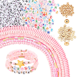 PH Pandahall 780 Stück Polymer-Ton-Perlen-Set, 6 Stile, Heishi-Perlen, rosa Vinyl-Scheibenperlen, Ton-Zylinderförmigperlen mit 300 Stück Buchstabenperlen, 200 Stück goldene Abstandsperlen für Halskette, Armband, Schmuckherstellung