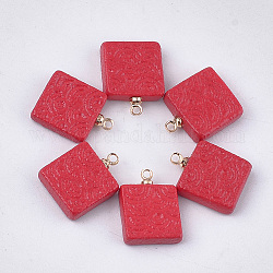 Ciondoli di porcellana fatti a mano, smerigliato, con accessori di ottone, quadrato, oro, rosso, 15.5~17x13x4mm, Foro: 1.5 mm