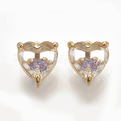 Brass Cubic Zirconia Charms, Nickel Free, Heart, Real 18K Gold Plated, Lilac, 10x8.5x6.5mm, Hole: 1mm