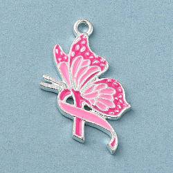 Pendenti in smalto in lega a tema nastro rosa per la consapevolezza del cancro al seno, argento, farfalla, 25.5x14x1.5mm, Foro: 1.5 mm