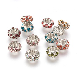 Alloy Rhinestone European Beads, Large Hole Beads, Rondelle, Platinum Metal Color, Mixed Color, 11x6mm, Hole: 5mm