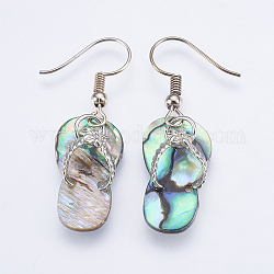 Natural Paua Shell/Abalone Shell Dangle Earrings, with Brass Findings, Flip Flops, Colorful, 40~41mm, Pin: 0.7mm