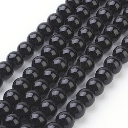 Cuentas sintéticas piedras negras hebras, redondo, 4mm, agujero: 0.8 mm, 15~16 pulgada