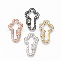 Brass Micro Pave Clear Cubic Zirconia Screw Carabiner Lock Charms, for Necklaces Making, Cross, Mixed Color, 36x22.5x4mm, Screw: 8.5x7.5mm