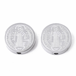 304 Edelstahlkugeln, flache Runde mit Heiligen Benedikt Medaille, Edelstahl Farbe, 14.5x3 mm, Bohrung: 2 mm