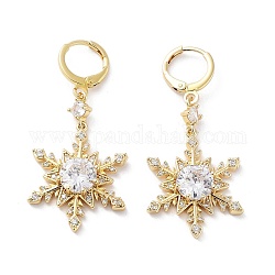 Rack Plating Golden Brass Dangle Leverback Earrings, with Cubic Zirconia for Women, Snowflake, 46x20.5mm