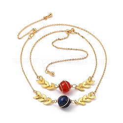 Ensembles de bracelets coulissants en laiton réglables, avec des perles d'agate naturelle et de lapis lazuli et des chaînes de câble, véritable 18k plaqué or, diamètre intérieur: 3 pouce (7.6 cm), 2 pièces / kit