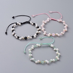 Perles tressées bracelets, avec des perles de culture d'eau douce naturelles, pierre gemme mélangée normale, perles en laiton et fil de nylon, 2 pouce ~ 3-3/8 pouces (5.2~8.7 cm)