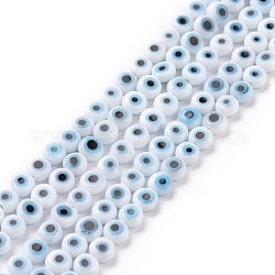 Manuell Murano Glas Perlen, flach rund mit bösen Blick, weiß, 4.5x2.5 mm, Bohrung: 0.6 mm, ca. 90~100 Stk. / Strang, 15.35''~15.75'' (39~40 cm)