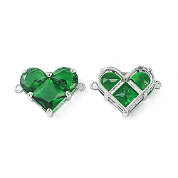 Ciondoli connettore in ottone con pavé di zirconi cubici, link del cuore, Vero platino placcato, verde, 18.5x26x7.5mm, Foro: 1.6 mm