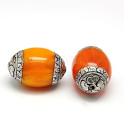 Handmade Tibetan Style Beads, Thailand 925 Sterling Silver with Turquoise or Beeswax, Barrel, Antique Silver, Dark Orange, 32.5x22.5mm, Hole: 2mm