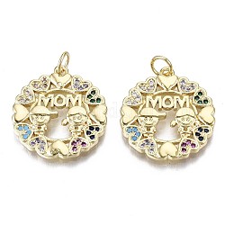 Brass Micro Pave Colorful Cubic Zirconia Pendants, with Jump Ring, for Mother's Day, Cadmium Free & Nickel Free & Lead Free, Flat Round with Word Mom & Girl & Boy, Real 16K Gold Plated, 21.5x19.5x2.5mm, Jump ring: 5x0.6mm, Inner Diameter: 3mm