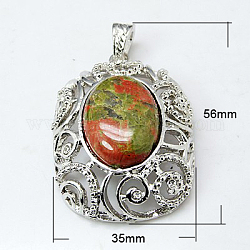 Gemstone Big Pendants, with Alloy Findings, Unakite, Oval, Antique Silver Color, Olive Drab, 56x35x15mm, Hole: 4x7mm