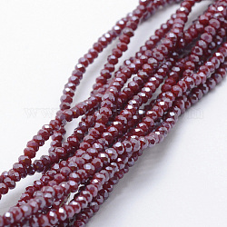 Fili di perline di vetro opaco placca, lustro di perla placcato, sfaccettato, rondelle, rosso scuro, 2.5x1.5mm, Foro: 0.5 mm, circa 197~201pcs/filo, 12.9 pollice (33 cm)