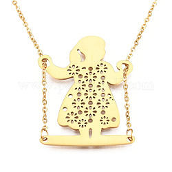 201 Stainless Steel Pendant Necklaces, with Cable Chains, Girl on The Swing, Golden, 33 inch~33.8 inch(84~86cm), 2mm, Girl on The Swing: 39x30.5x1mm
