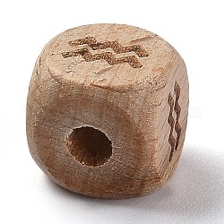 Cuentas de constelación de madera natural, cubo, Acuario, 12x12x12mm, agujero: 4 mm
