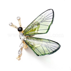 Broche en émail papillon, Broche en strass en alliage d'insectes exquis pour femme fille, or clair, vert jaune, 28.5x29x7mm, pin: 0.7 mm