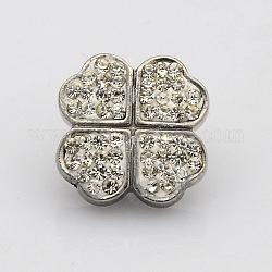 304 Stainless Steel Clover Slide Charms, with Polymer Clay Rhinestone, Stainless Steel Color, Crystal, 14x14x11mm, Hole: 4mm
