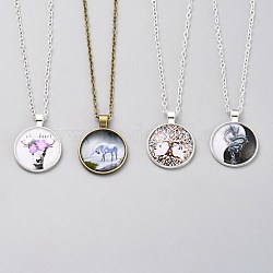 Alloy Glass Pendants Necklaces, with Iron Cable Chains, Flat Round with Mixed Pattern, Mixed Color, 19.09 inch(48.5cm)