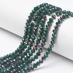 Electroplate Opaque Glass Beads Strands, Half Purple Plated, Faceted, Rondelle, Dark Green, 8x6mm, Hole: 1mm, about 72pcs/strand, 16.14 inch(41cm)