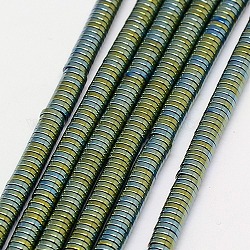Electroplate Non-magnetic Synthetic Hematite Beads Strands, Heishi Beads, Flat Round/Disc, Grade AAAA, Green Plated, 4x1mm, Hole: 1mm, about 350~357pcpcs/strand, 15.5 inch