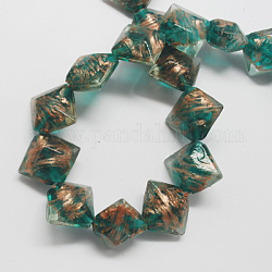 Handmade Gold Sand Lampwork Beads, Rhombus, Teal, 19~21x21~24x10~12mm, Hole: 2mm
