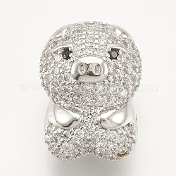 Brass Micro Pave Cubic Zirconia Beads, Hollow Piggy Charms, No Hole, Clear & Black, Platinum, 13x9.5x9.5mm