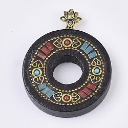 Handmade Indonesia Pendants, with Alloy Findings, Sandalwood and Resin, Donut, Lotus, FireBrick, 48~49x44x9mm, Hole: 7x4mm