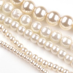 Abalorios de vidrio teñido de perla redondos, blanco cremoso, 3~10mm, agujero: 1 mm, aproximamente 85~230 pcs / cadena