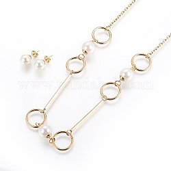 304 Stainless Steel Jewelry Sets, Necklaces and Stud Earrings, with Acrylic Imitation Pearl, Ring and Round, Golden, Necklace: 27.3 inch(69.5cm), Ear Studs: 22x10mm, Pin: 0.8mm