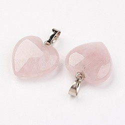 Ciondoli quazo rosa naturale, cuore, con accessori di ottone, platino, 22~23x20~20.5x6~7.5mm, Foro: 5x8 mm