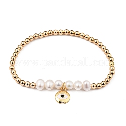 Estirar las pulseras de charm, con cuentas de perlas naturales, cuentas de latón y dijes de latón esmaltado, plano y redondo con ojo, dorado, 2-1/8 pulgada (5.3 cm)