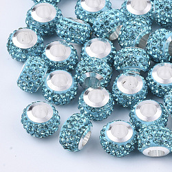 Polymer Clay Strass europäischen Perlen, Großloch perlen, mit Platin-Ton Messing Einzeladern, Rondell, Aquamarin, 11x8 mm, Bohrung: 4.5 mm
