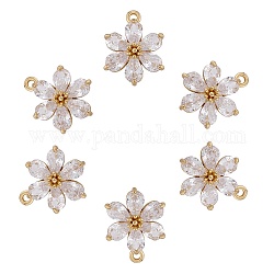 6 pièces fleur clair zircone cubique pendentif à breloque en laiton fleur charme longue durée plaqué pendentif pour bijoux collier bracelet boucle d'oreille faisant de l'artisanat, or, 13.5mm, Trou: 1.5mm