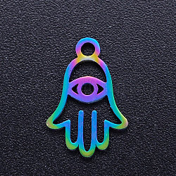 Ion Plating(IP) 201 Stainless Steel Charms, Hamsa Hand/Hand of Fatima/Hand of Miriam with Eye, Rainbow Color, 14.5x10x1mm, Hole: 1.5mm