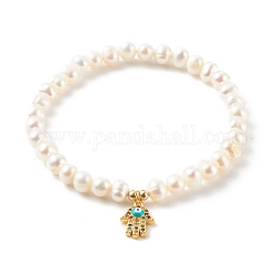 Brass Micro Pave Cubic Zirconia Stretch Charm Bracelets, with Enamel and Round Natural Pearl Beads, Hamsa, White, Real 18K Gold Plated, Inner Diameter: 2-1/4 inch(5.7cm)