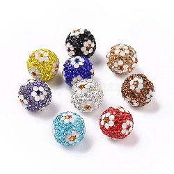 Abalorios de Diamante de imitación de arcilla polímero, Pave bolas de discoteca, redondo con flor, color mezclado, 16mm, agujero: 1.6~1.8 mm