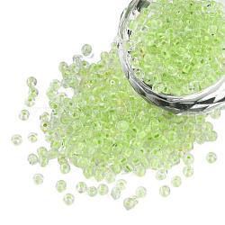 Bagliore nelle perle di semi di vetro trasparente luminoso scuro, tondo, giallo verde, 3.5x1.6mm, Foro: 1 mm, circa 18200pcs/450g, 450 g / borsa