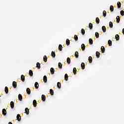 Handgefertigte Glasperlen Perlenketten, mit facettierten Unterlegscheibe Glasperlen und eiserner Augennadel, ungeschweißte, Schwarz, 6x4.5 mm, ca. 39.37 Zoll (1m)/Strang