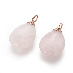 Pendentifs de quartz rose naturel, avec les accessoires en laiton de ton or rose, larme, 36~37x21~22x7~8mm, Trou: 4~5mm