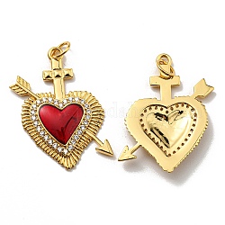 Rack Plating Brass Cubic Zirconia Pendants, with Enamel, Lead Free & Cadmium Free, Long-Lasting Plated, Heart, Real 18K Gold Plated, 28x22x3mm, Hole: 3.6mm