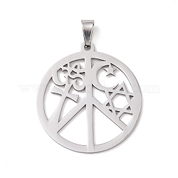 Peace Sign with Aum/Om Symbol, for Jewish, Star of David, Cross, Moon & Star 201 Stainless Steel Pendants, Stainless Steel Color, 44x39.5x1.5mm, Hole: 4x9mm