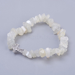 Natural White Moonstone Beads Stretch Bracelets, with Brass Micro Pave Cubic Zirconia Beads, Chip and Cross, Platinum, 2-1/8 inch(5.3cm)~2-1/8 inch(5.5cm)